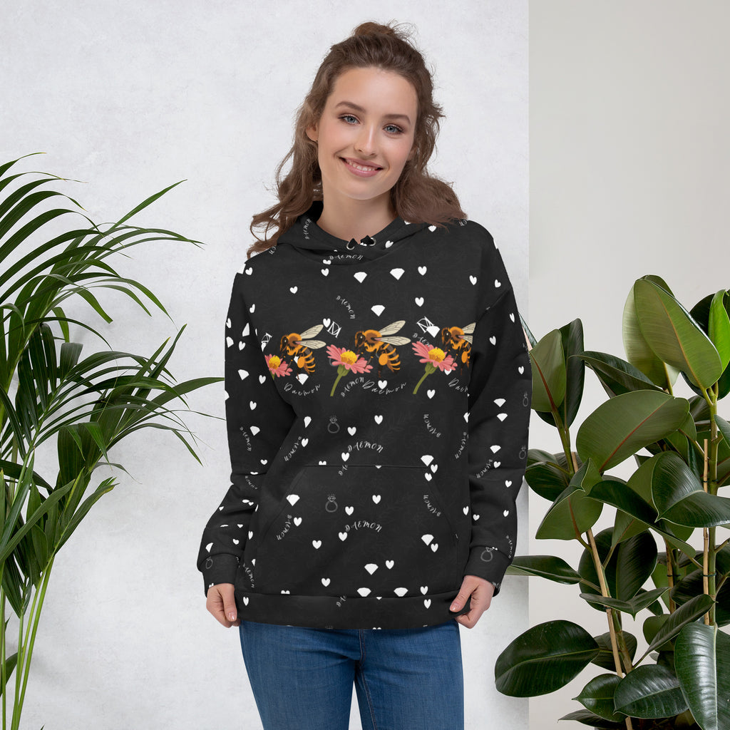 Daemon Luxury Florette Rebirth Honeybee Bliss unisex hoodie with all-over print on white recycled fabric, front view.