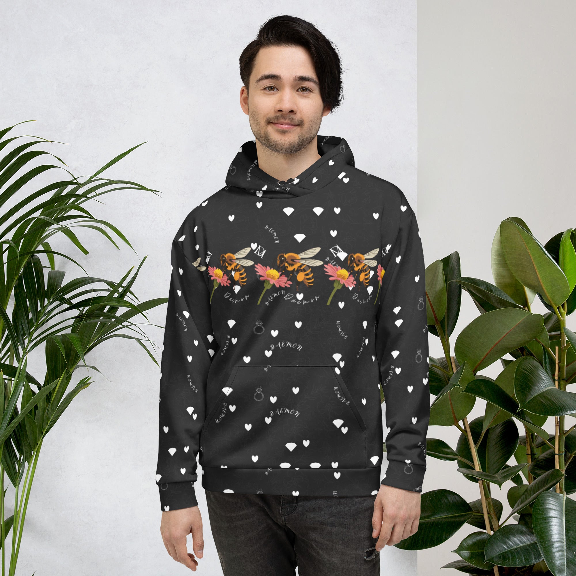 Daemon Luxury Florette Rebirth Honeybee Bliss unisex hoodie with all-over eco-friendly print, white fabric and front view.