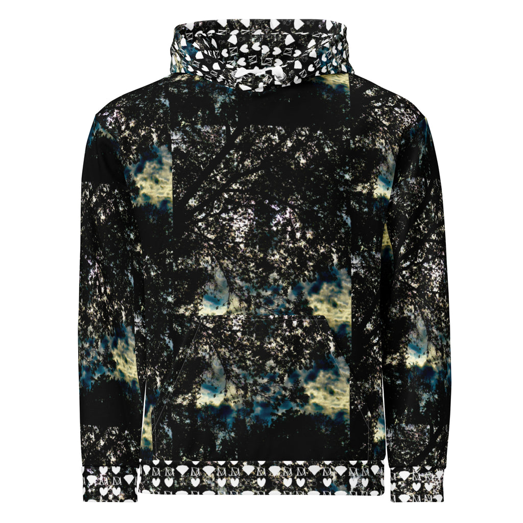 Unisex white hoodie with stitched frames design from Daemon Luxury's Panther Canyon collection, featuring all-over print.