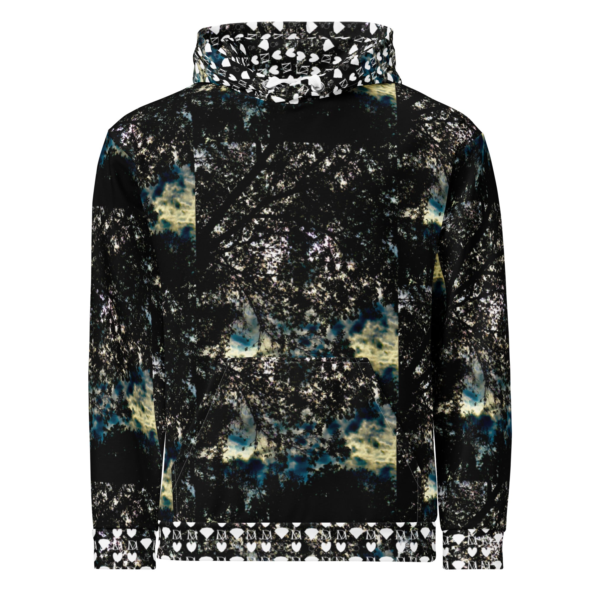 Unisex white hoodie with stitched frames design from Daemon Luxury's Panther Canyon collection, featuring all-over print.