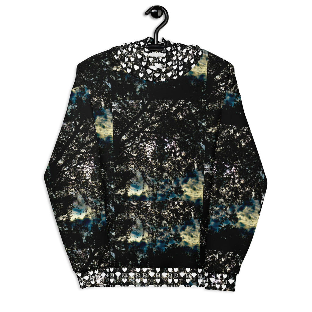 Recycled white unisex hoodie with stitched frames and Panther Canyon print by Daemon Luxury, front view.