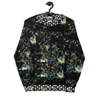 Recycled white unisex hoodie with stitched frames and Panther Canyon print by Daemon Luxury, front view.