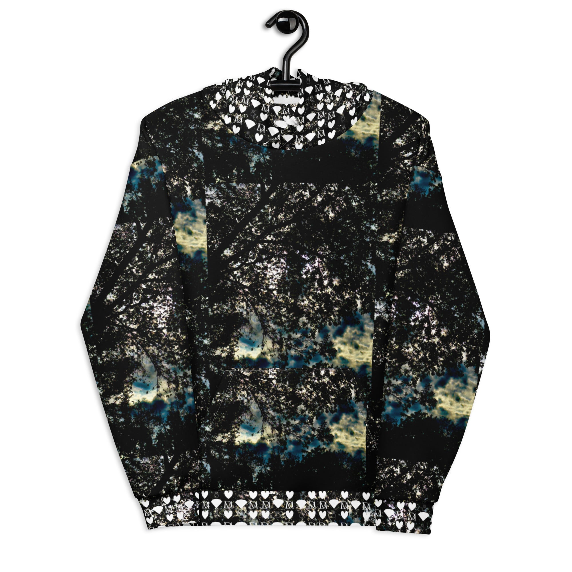Recycled white unisex hoodie with stitched frames and Panther Canyon print by Daemon Luxury, front view.