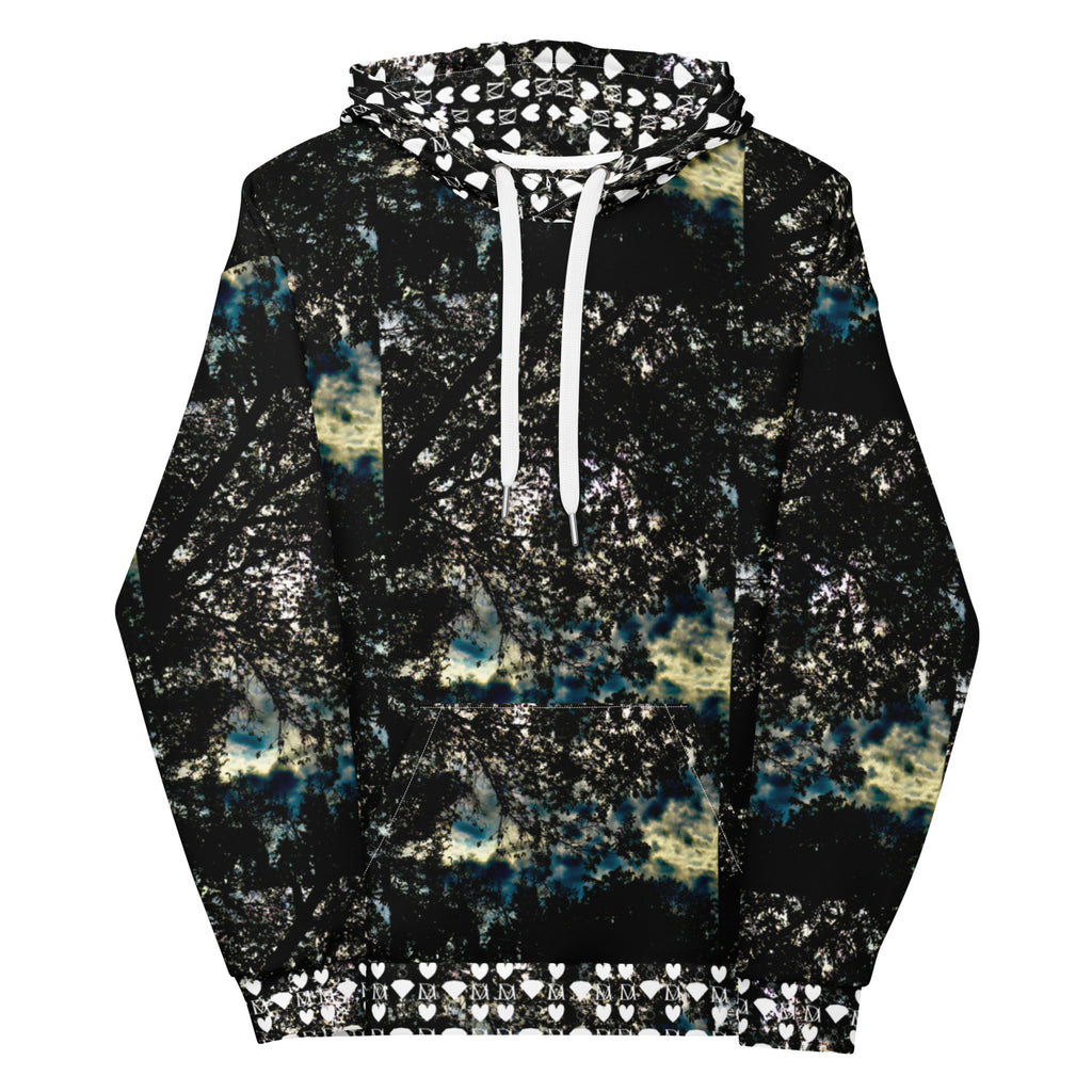 Unisex white hoodie with stitched panther canyon print, featuring a front pocket and adjustable drawstring hood by Daemon Luxury.