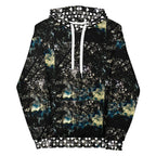 Unisex white hoodie with stitched panther canyon print, featuring a front pocket and adjustable drawstring hood by Daemon Luxury.