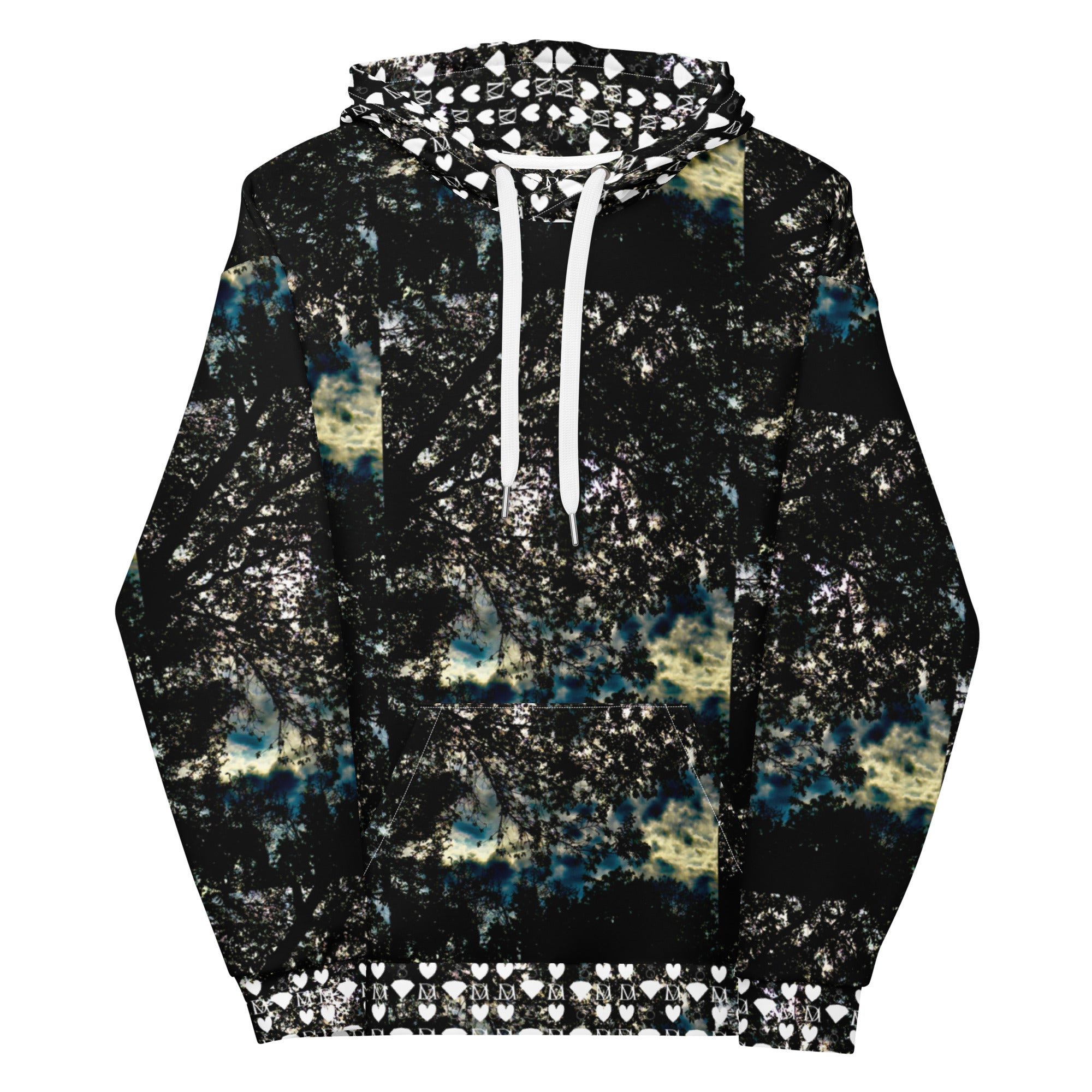 Unisex white hoodie with stitched panther canyon print, featuring a front pocket and adjustable drawstring hood by Daemon Luxury.