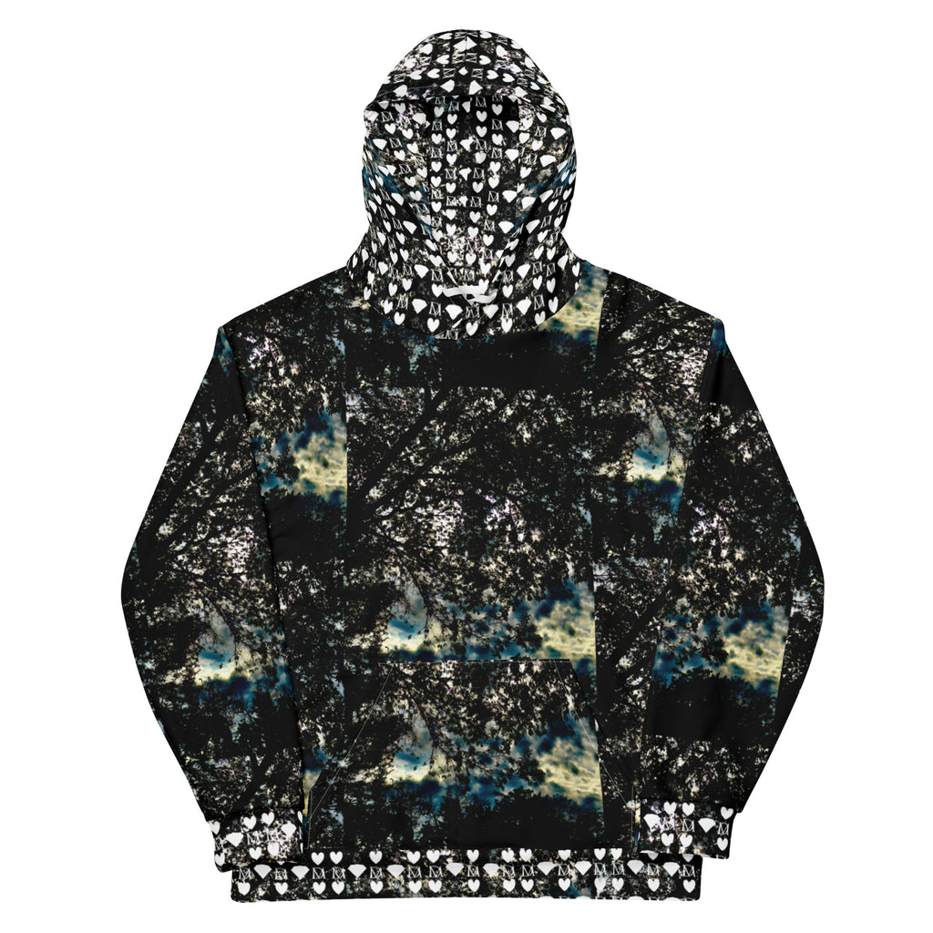 Unisex white hoodie with stitched frames and all-over printed Panther Canyon design by Daemon Luxury.