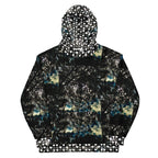 Unisex white hoodie with stitched frames and all-over printed Panther Canyon design by Daemon Luxury.