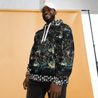 Unisex white hoodie with stitched frames design from Daemon Luxury's Panther Canyon collection, featuring all-over recycled print.
