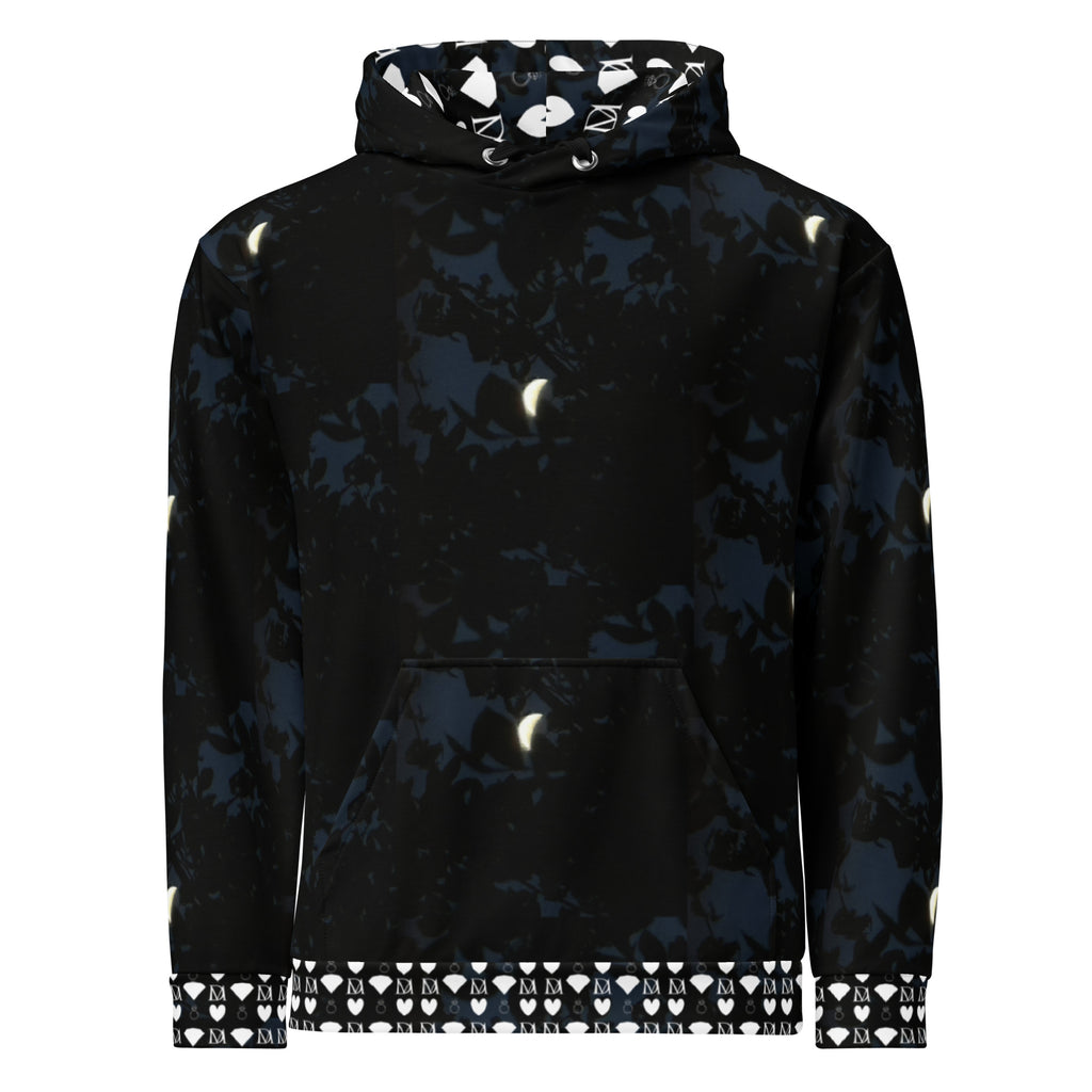 White unisex hoodie with all-over Nightcrawler Coordinate secret phase print and hood, by Daemon Luxury.