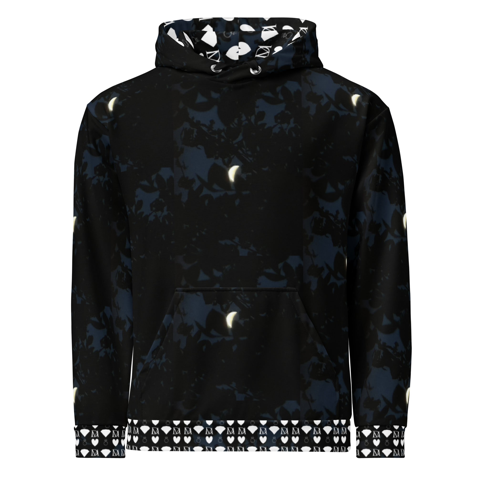 White unisex hoodie with all-over Nightcrawler Coordinate secret phase print and hood, by Daemon Luxury.