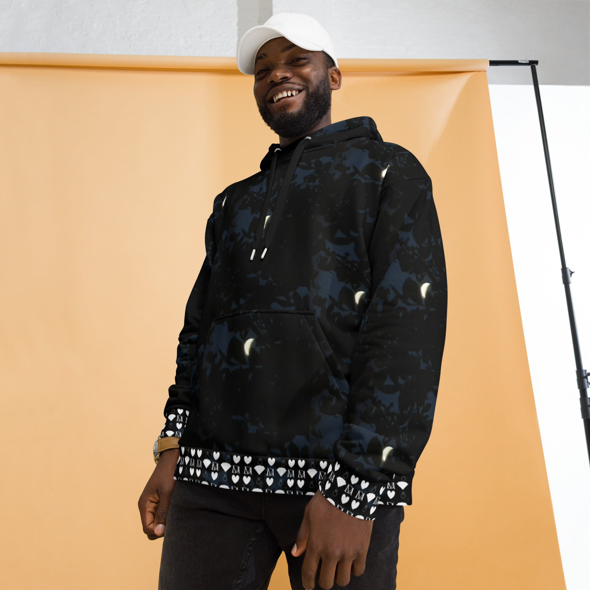 Recycled white unisex hoodie with Nightcrawler Coordinate Secret Phase all-over print by Daemon Luxury, hooded and casual.