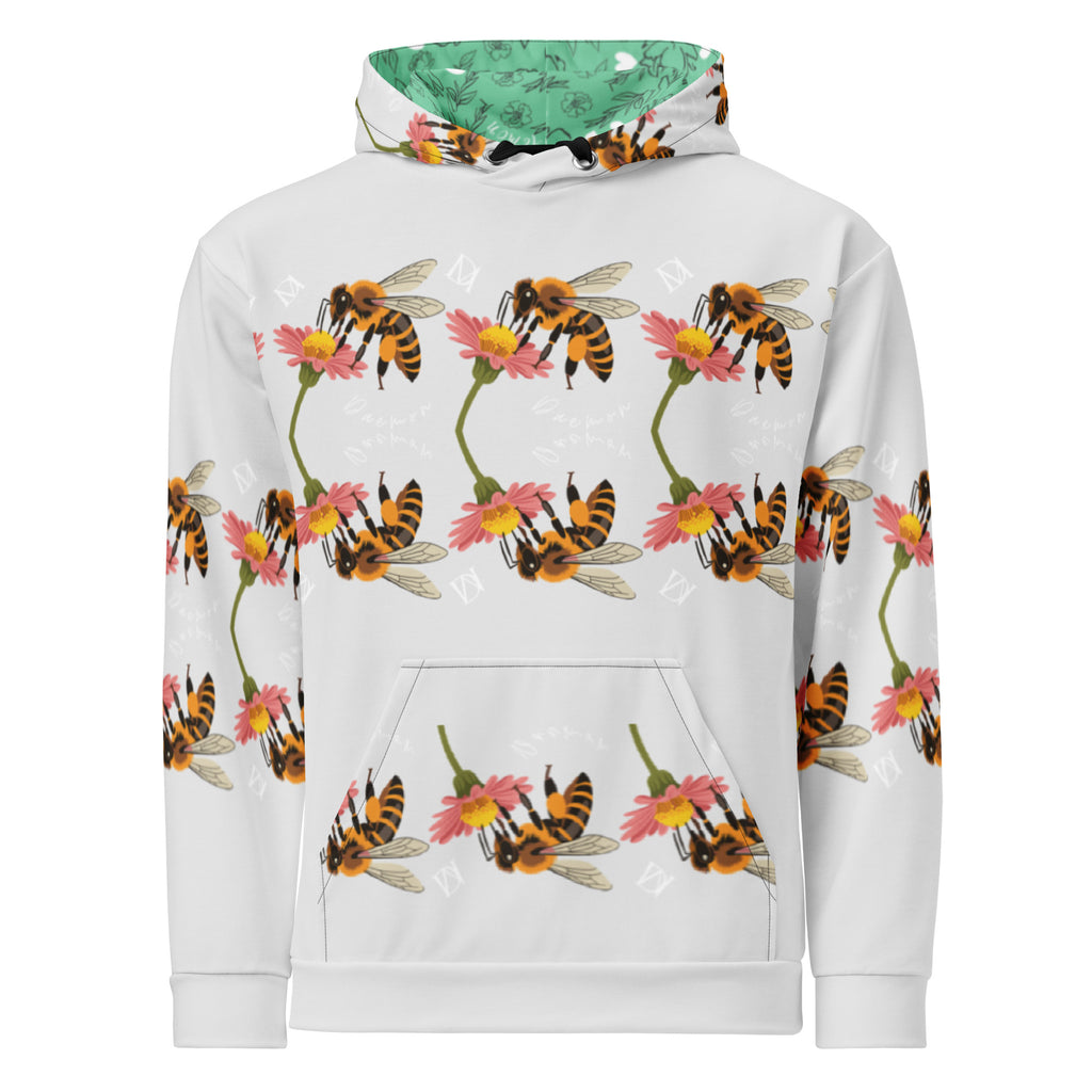 Daemon Luxury Honeybee Shores Valley Coast all-over-print recycled unisex hoodie in white, front view with vibrant bee and nature design.