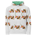 Daemon Luxury Honeybee Shores Valley Coast all-over-print recycled unisex hoodie in white, front view with vibrant bee and nature design.