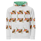 Daemon Luxury Honeybee Shores Valley Coast all-over-print recycled unisex hoodie in white, front view with vibrant bee and nature design.
