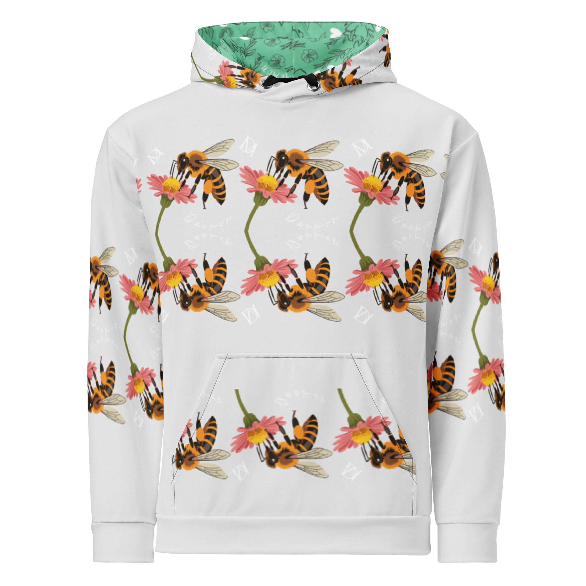 Daemon Luxury Honeybee Shores Valley Coast all-over-print recycled unisex hoodie in white, front view with vibrant bee and nature design.
