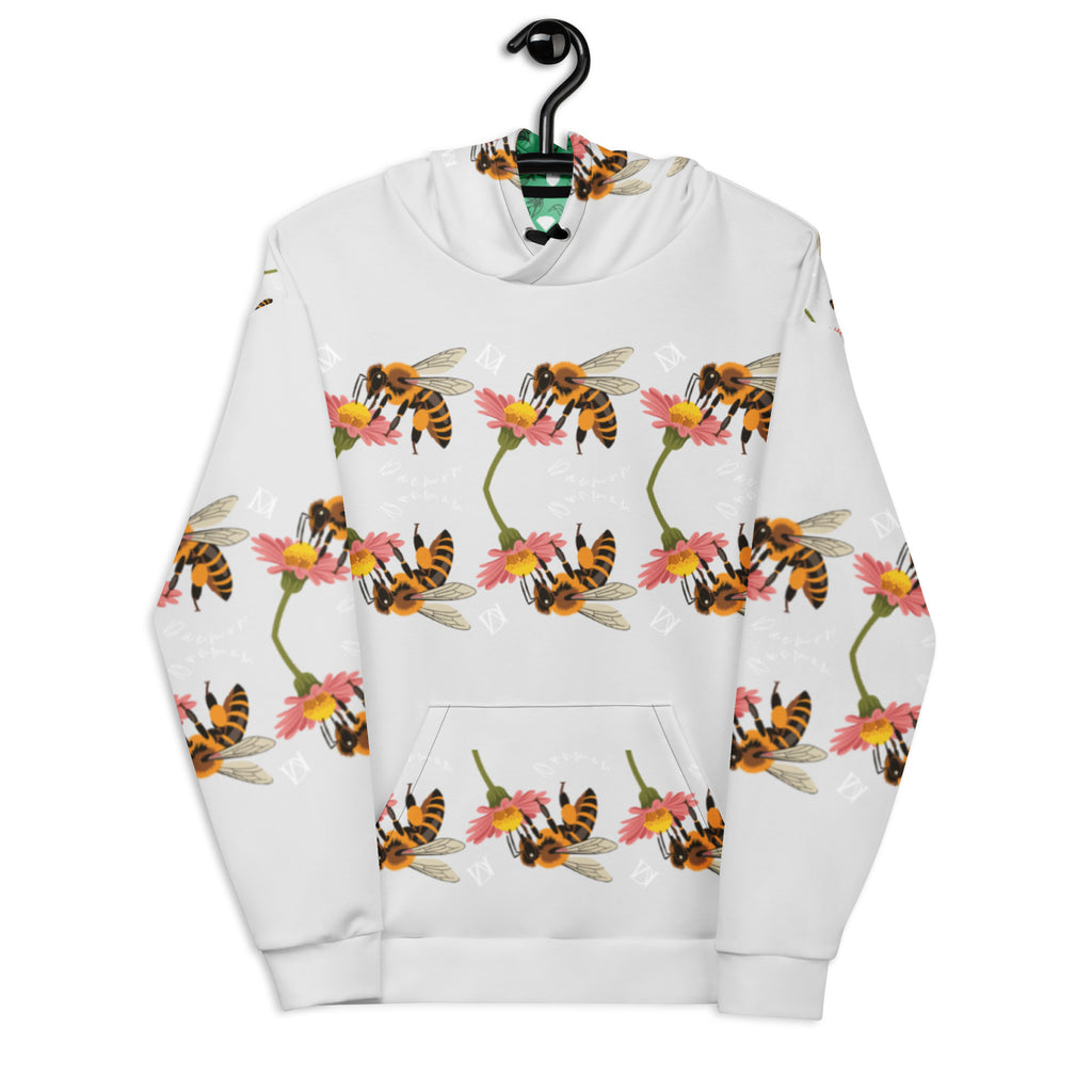 White all-over-print recycled unisex hoodie featuring Honeybee Shores by Daemon Luxury, with detailed valley coast design on the front.