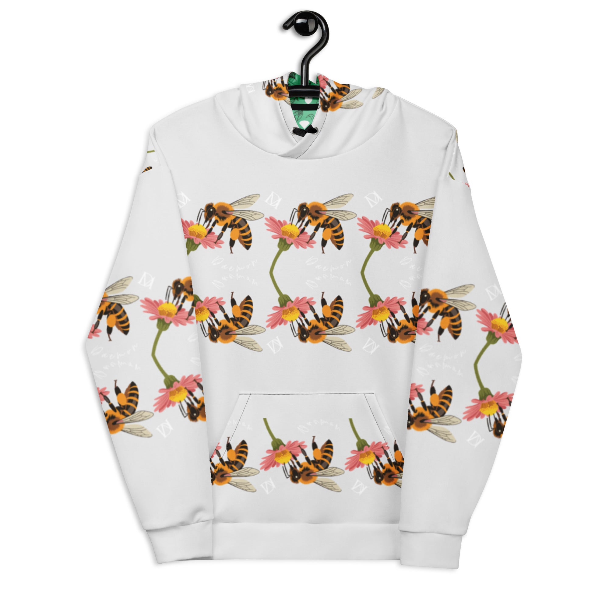White all-over-print recycled unisex hoodie featuring Honeybee Shores by Daemon Luxury, with detailed valley coast design on the front.