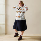 White all-over-print unisex hoodie featuring Honeybee Shores design by Daemon Luxury, made from recycled materials.