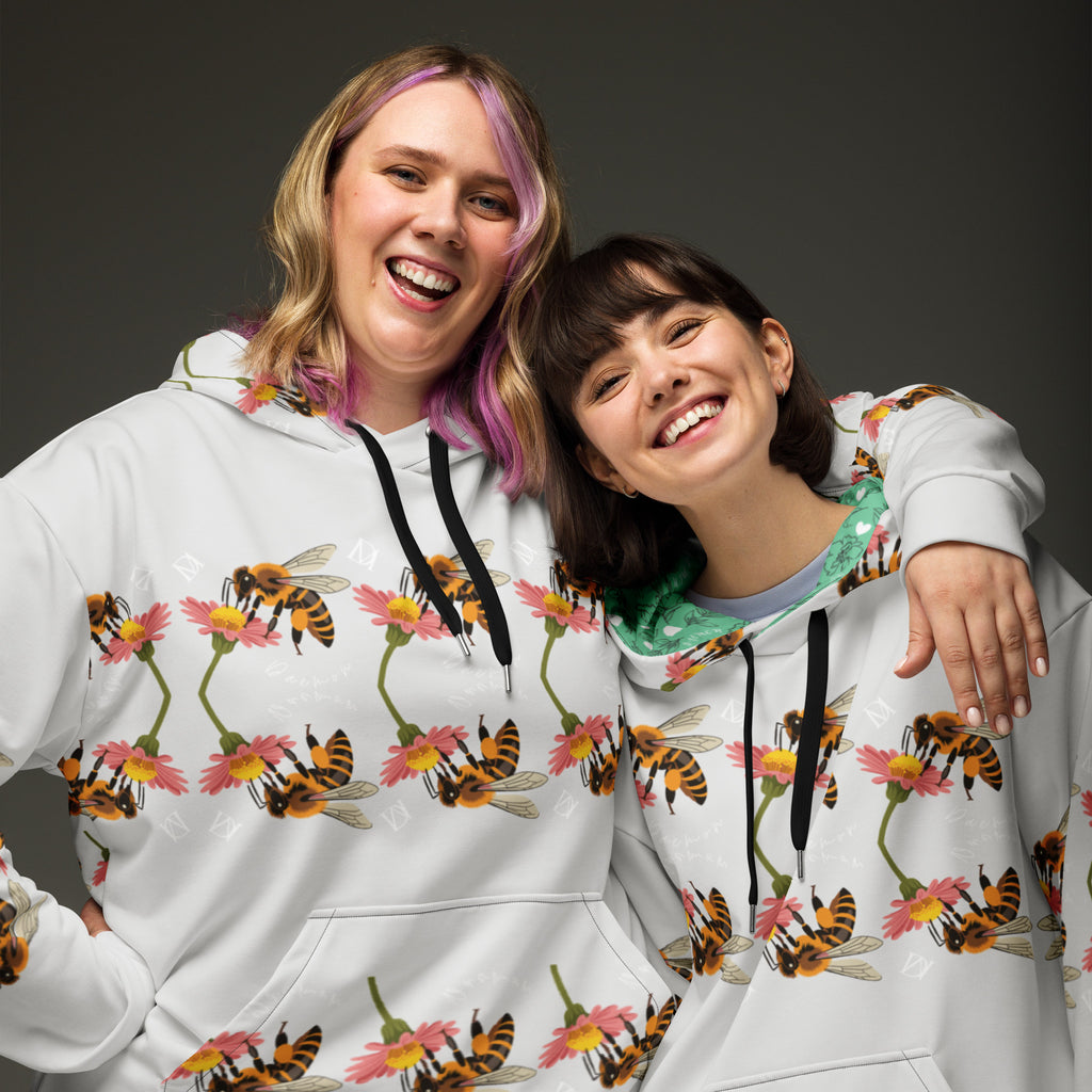Daemon Luxury Honeybee Shores Valley Coast recycled unisex hoodie with all-over white print, front view.