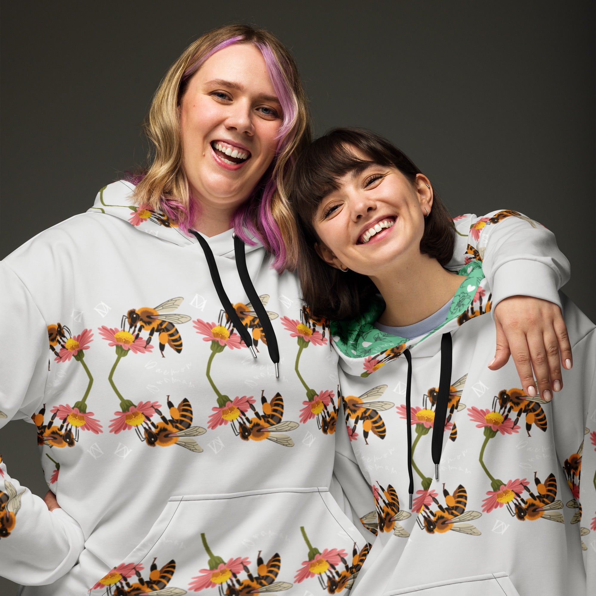 Daemon Luxury Honeybee Shores Valley Coast recycled unisex hoodie with all-over white print, front view.