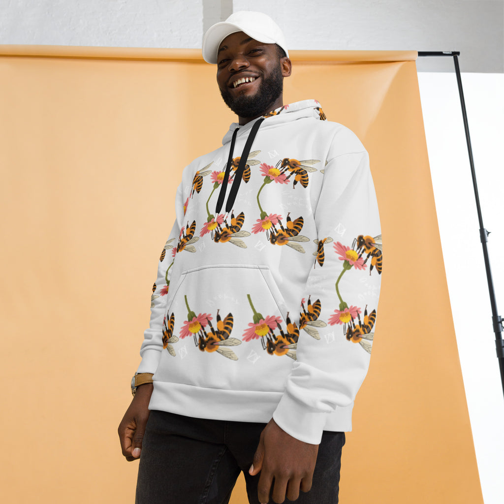 Recycled white unisex hoodie with all-over Honeybee Shores Valley Coast print by Daemon Luxury, front view.