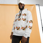 Recycled white unisex hoodie with all-over Honeybee Shores Valley Coast print by Daemon Luxury, front view.