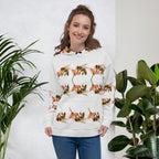 Daemon Luxury Honeybee Shores Valley Coast all-over-print recycled unisex hoodie in white, front view showing detailed design.