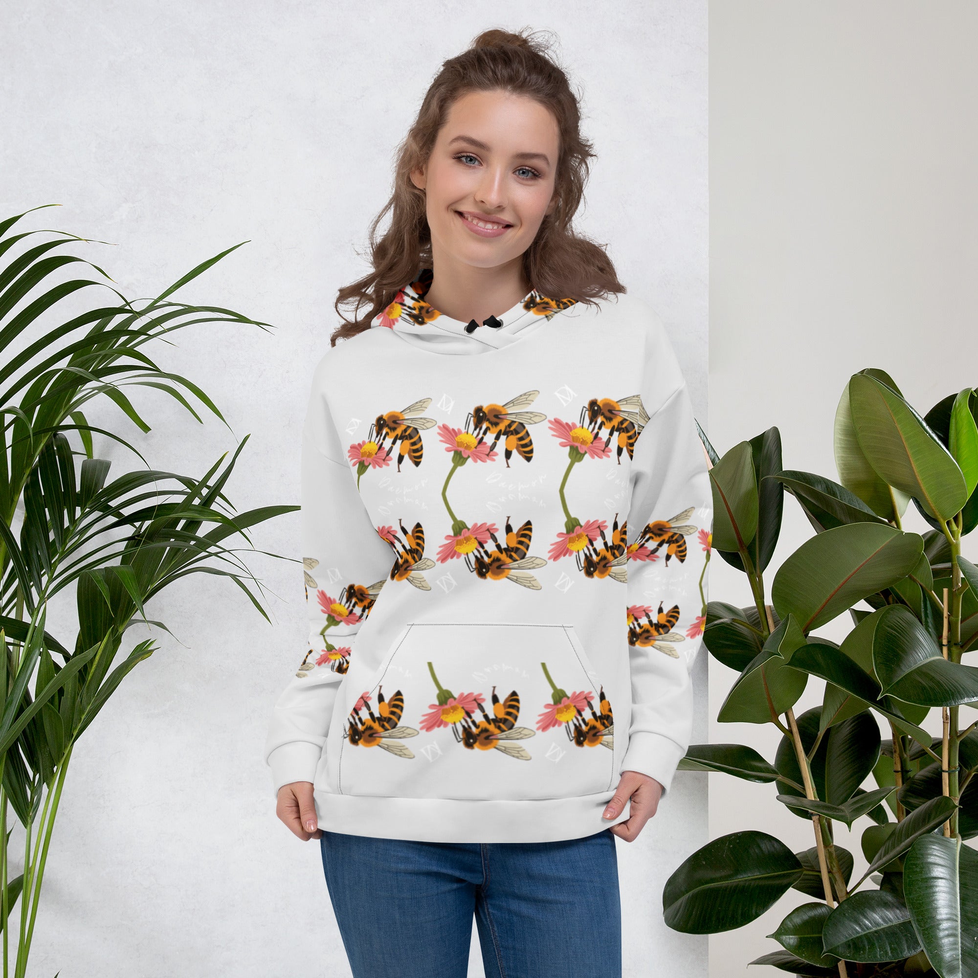 Daemon Luxury Honeybee Shores Valley Coast all-over-print recycled unisex hoodie in white, front view showing detailed design.