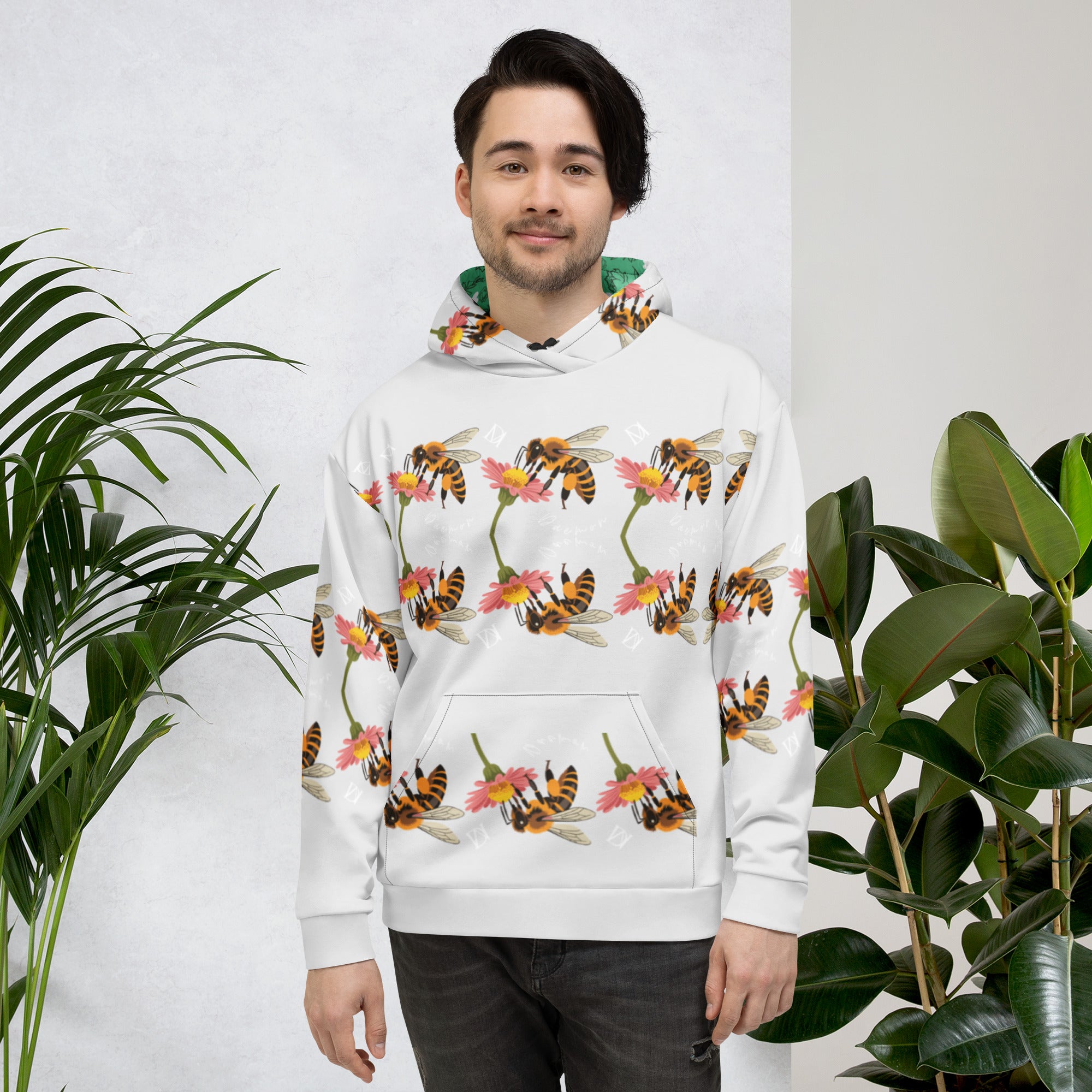 Daemon Luxury Honeybee Shores Valley Coast recycled unisex hoodie with all-over white print, front view.