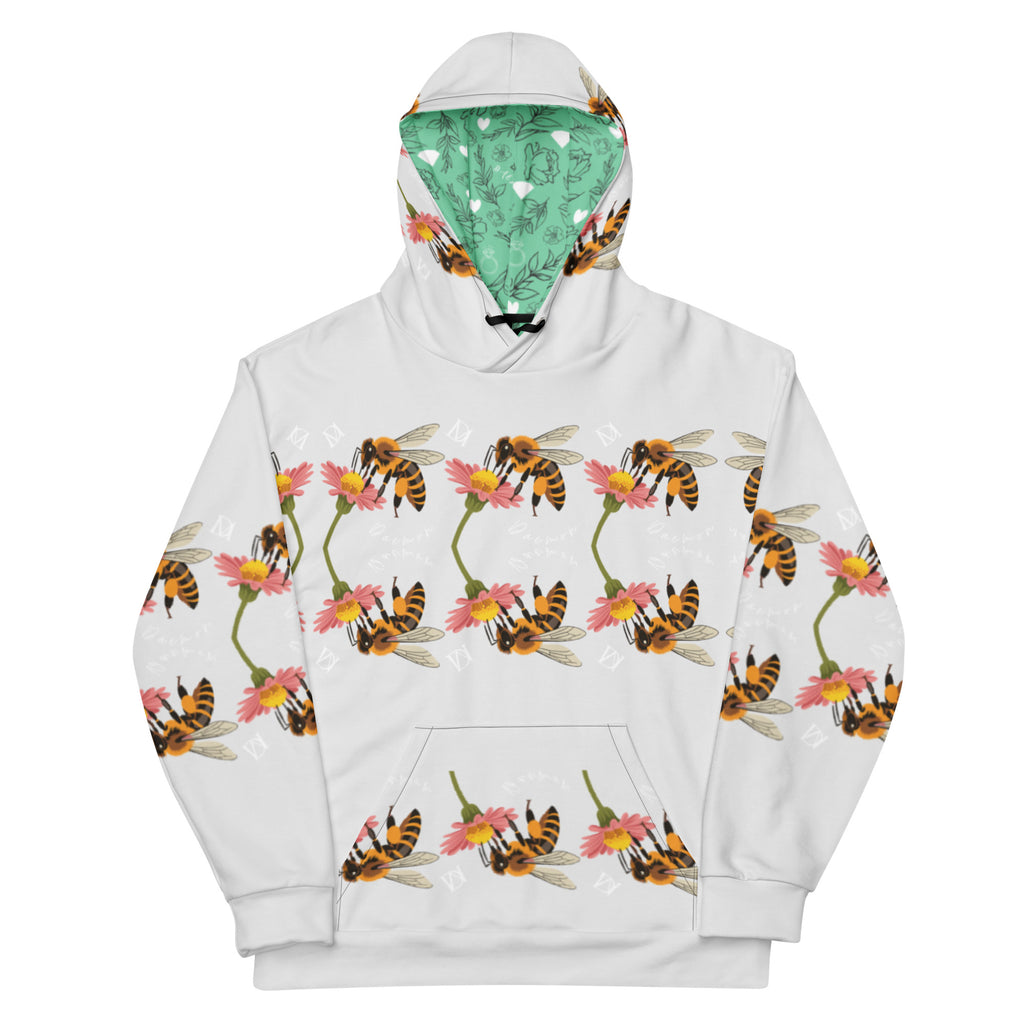 Daemon Luxury Honeybee Shores Valley Coast unisex hoodie with all-over print on white recycled fabric front view