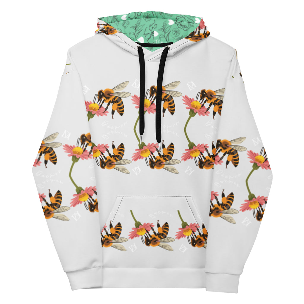 White Honeybee Shores Valley Coast recycled unisex hoodie by Daemon Luxury with all-over print front design