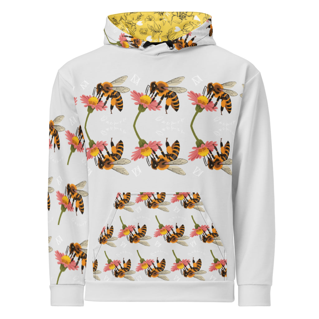 White unisex hoodie with all-over honeybee shores sun pattern from Daemon Luxury, featuring a front pocket and adjustable hood.