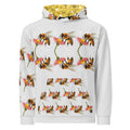 White unisex hoodie with all-over honeybee shores sun pattern from Daemon Luxury, featuring a front pocket and adjustable hood.