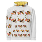 White unisex hoodie with all-over honeybee shores sun pattern from Daemon Luxury, featuring a front pocket and adjustable hood.