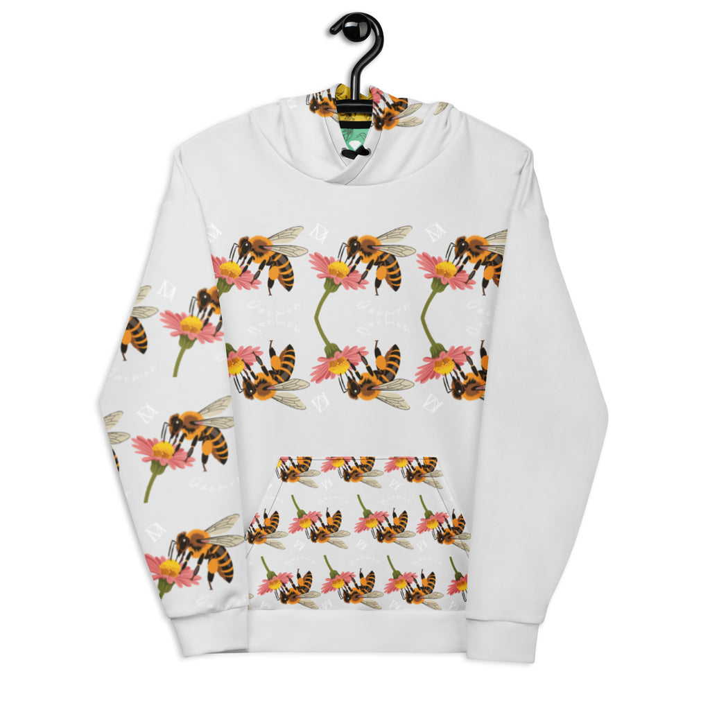 Unisex white recycled hoodie with Honeybee Shores sun design, featuring a front view of Daemon Luxury's Felpa Cappucio style.