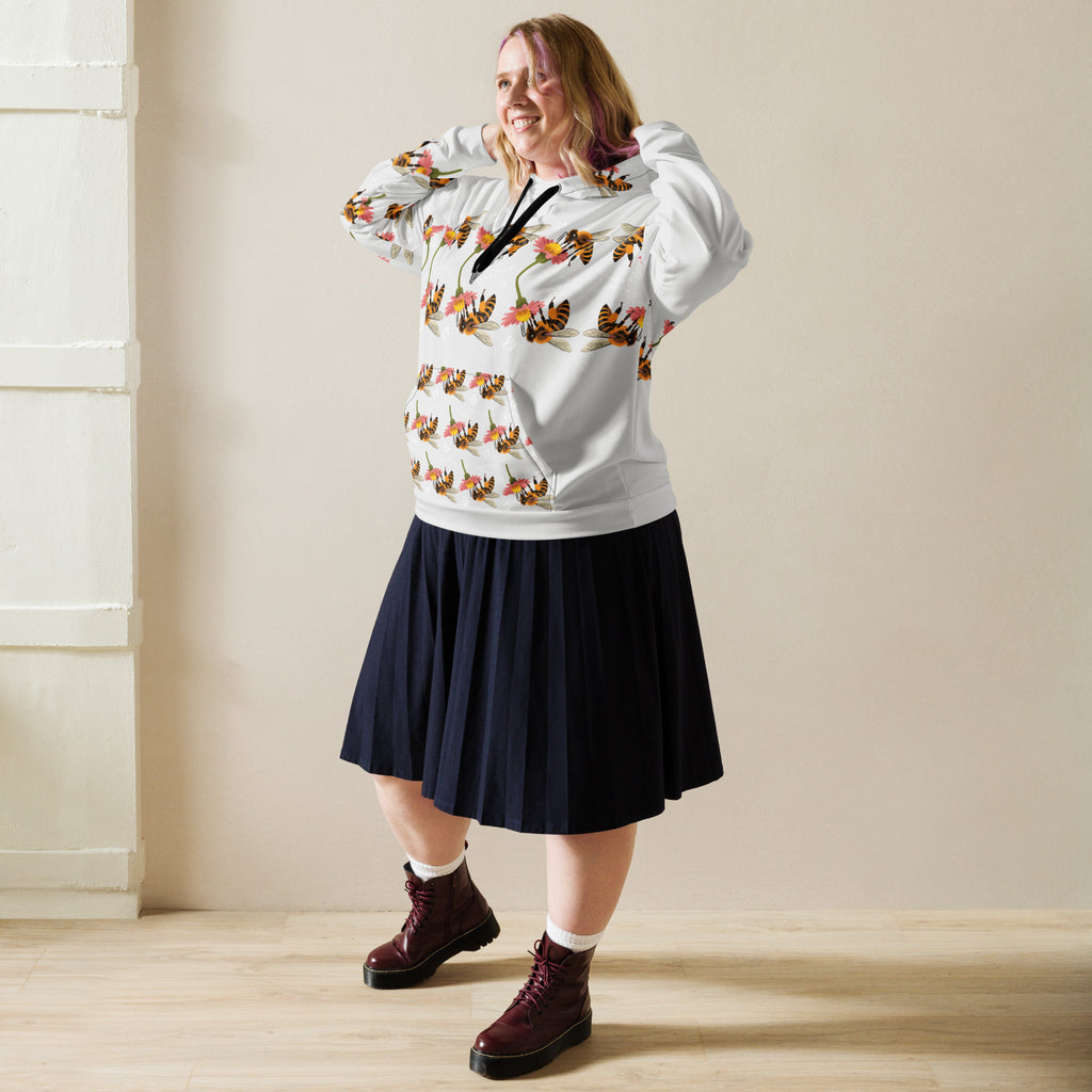 Daemon Luxury Honeybee Shores Sun Enriched unisex hoodie with all-over recycled print, white front view.