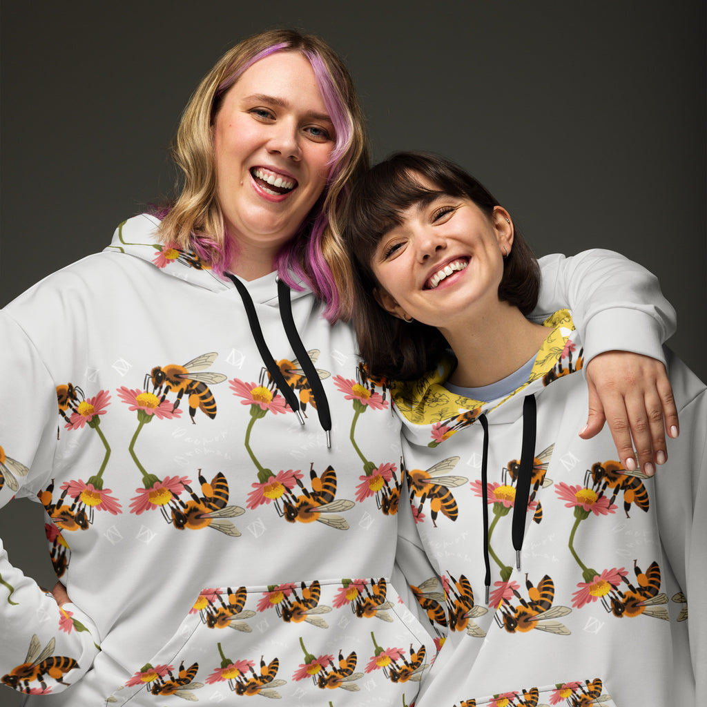 Daemon Luxury Honeybee Shores Sun Enriched unisex recycled hoodie with all-over print, white front, casual and eco-friendly style.