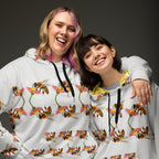 Daemon Luxury Honeybee Shores Sun Enriched unisex recycled hoodie with all-over print, white front, casual and eco-friendly style.