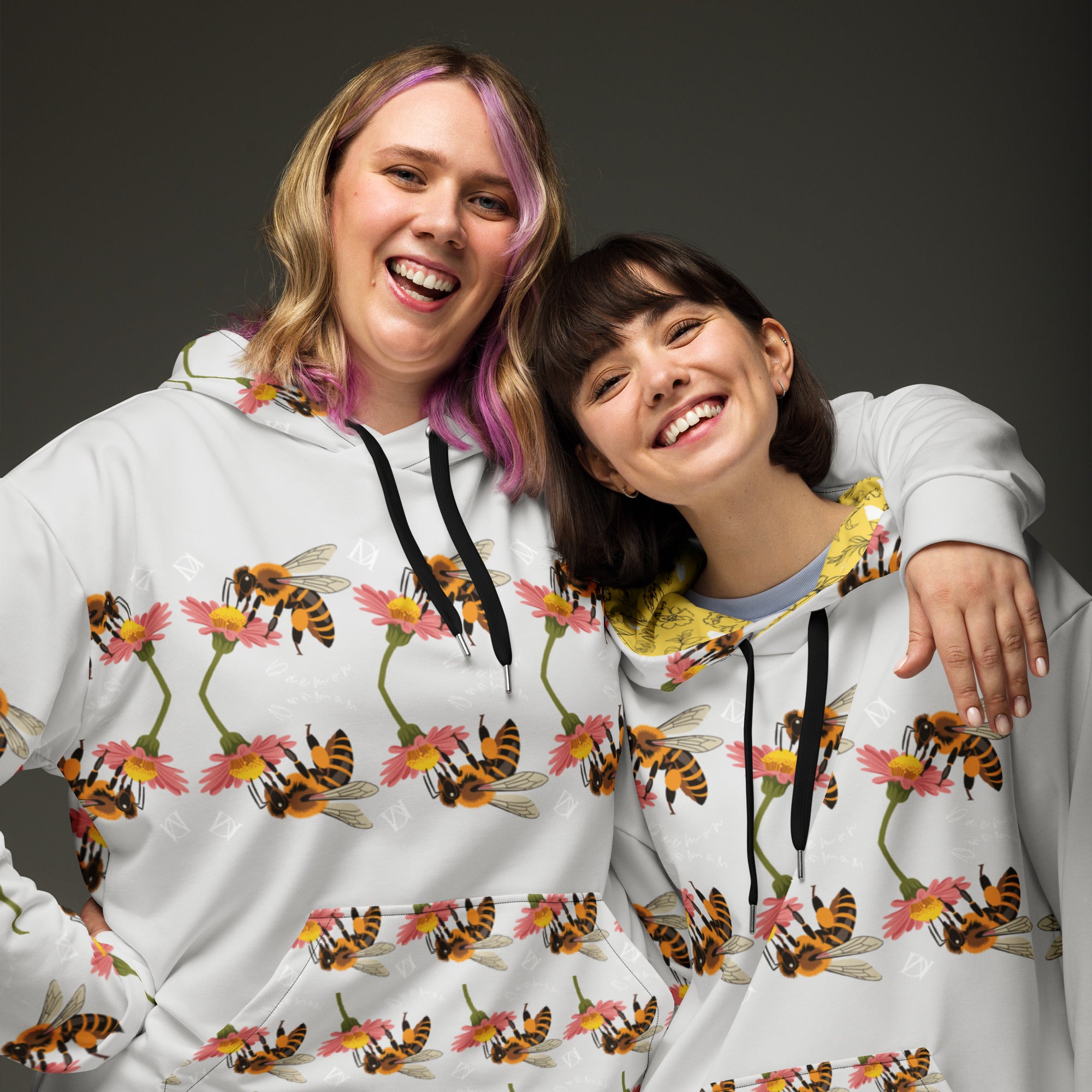 Daemon Luxury Honeybee Shores Sun Enriched unisex recycled hoodie with all-over print, white front, casual and eco-friendly style.