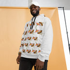 Unisex white hoodie with all-over honeybee and sun print, Daemon Luxury Honeybee Shores (Sun Enriched) fleece hoodie front view