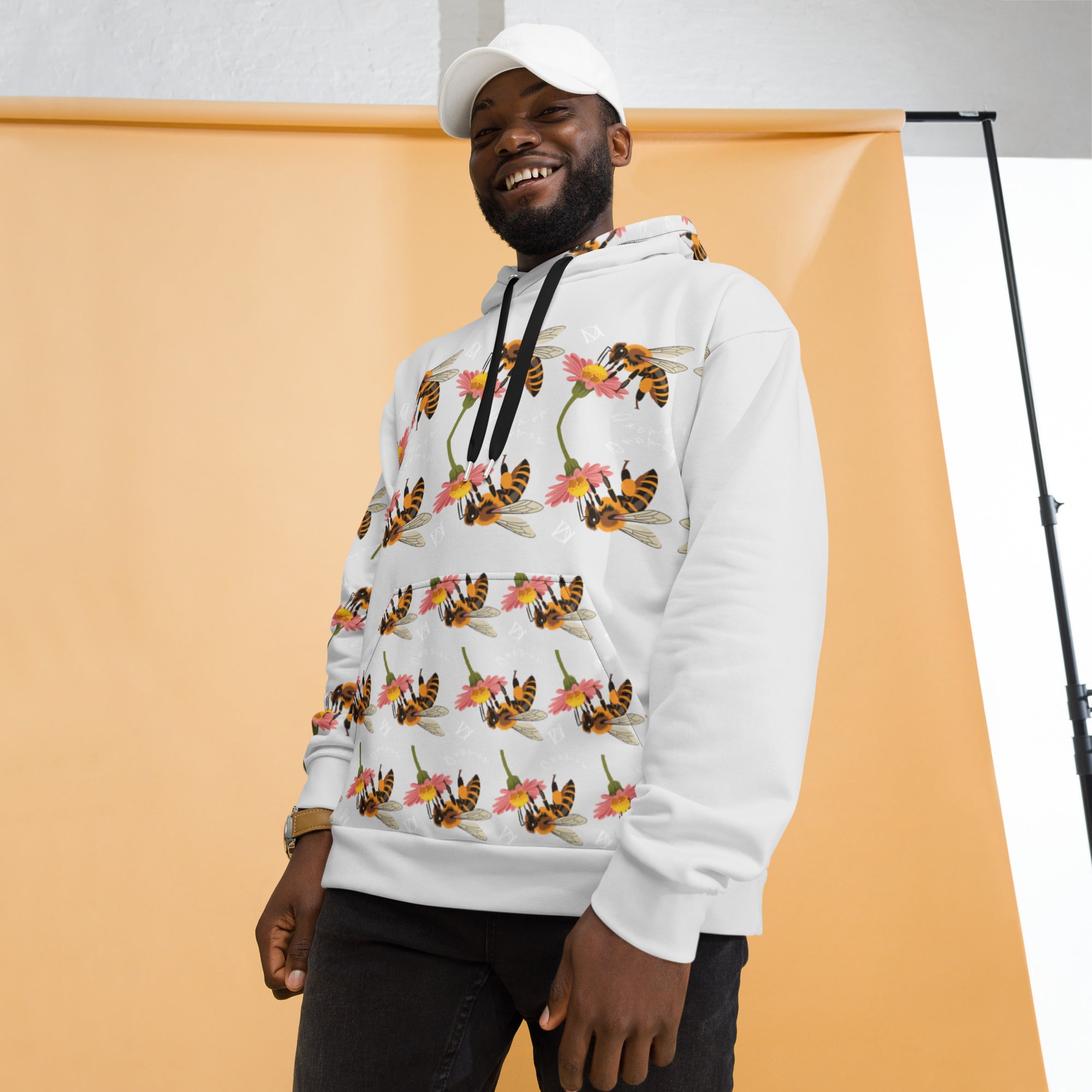 Unisex white hoodie with all-over honeybee and sun print, Daemon Luxury Honeybee Shores (Sun Enriched) fleece hoodie front view