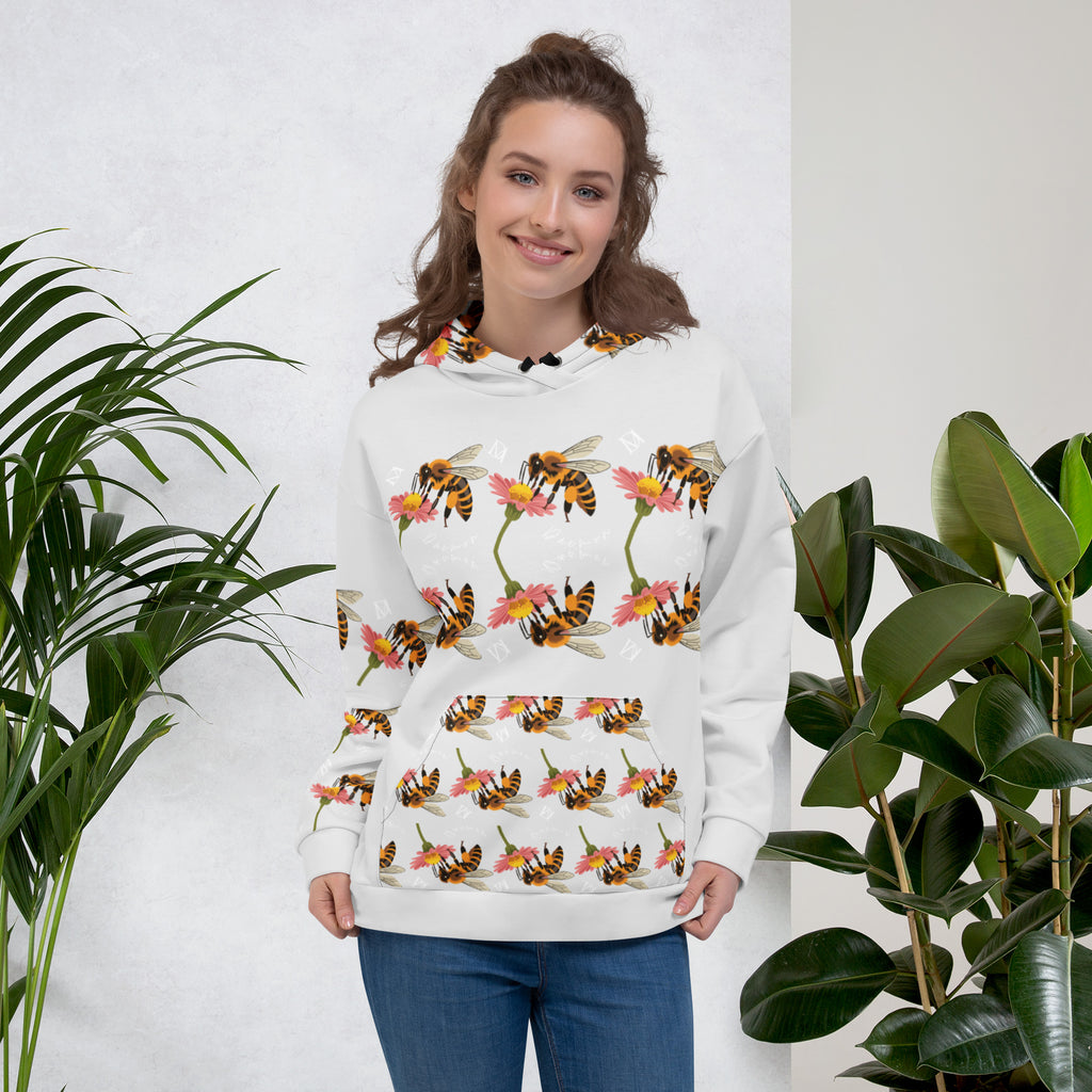 Unisex white hoodie by Daemon Luxury with all-over honeybee shores sun print, recycled fabric, front view.
