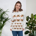 Unisex white hoodie by Daemon Luxury with all-over honeybee shores sun print, recycled fabric, front view.