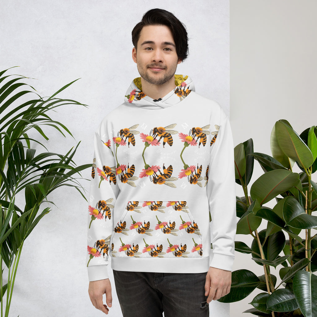 Unisex white recycled hoodie with all-over Honeybee Shores sun print by Daemon Luxury, featuring a front pocket and adjustable hood.