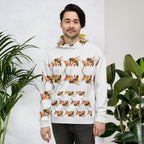 Unisex white recycled hoodie with all-over Honeybee Shores sun print by Daemon Luxury, featuring a front pocket and adjustable hood.
