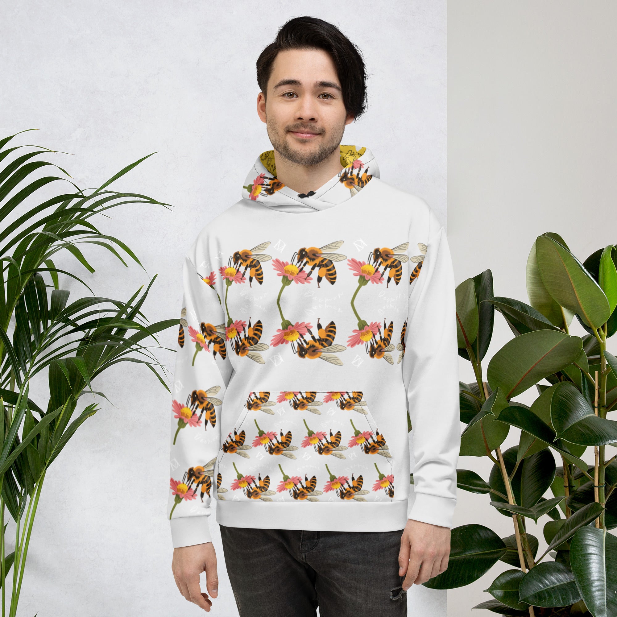 Unisex white recycled hoodie with all-over Honeybee Shores sun print by Daemon Luxury, featuring a front pocket and adjustable hood.