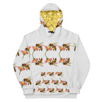 Recycled white unisex hoodie with honeybee shores sun design by Daemon Luxury, featuring all-over print and front view.