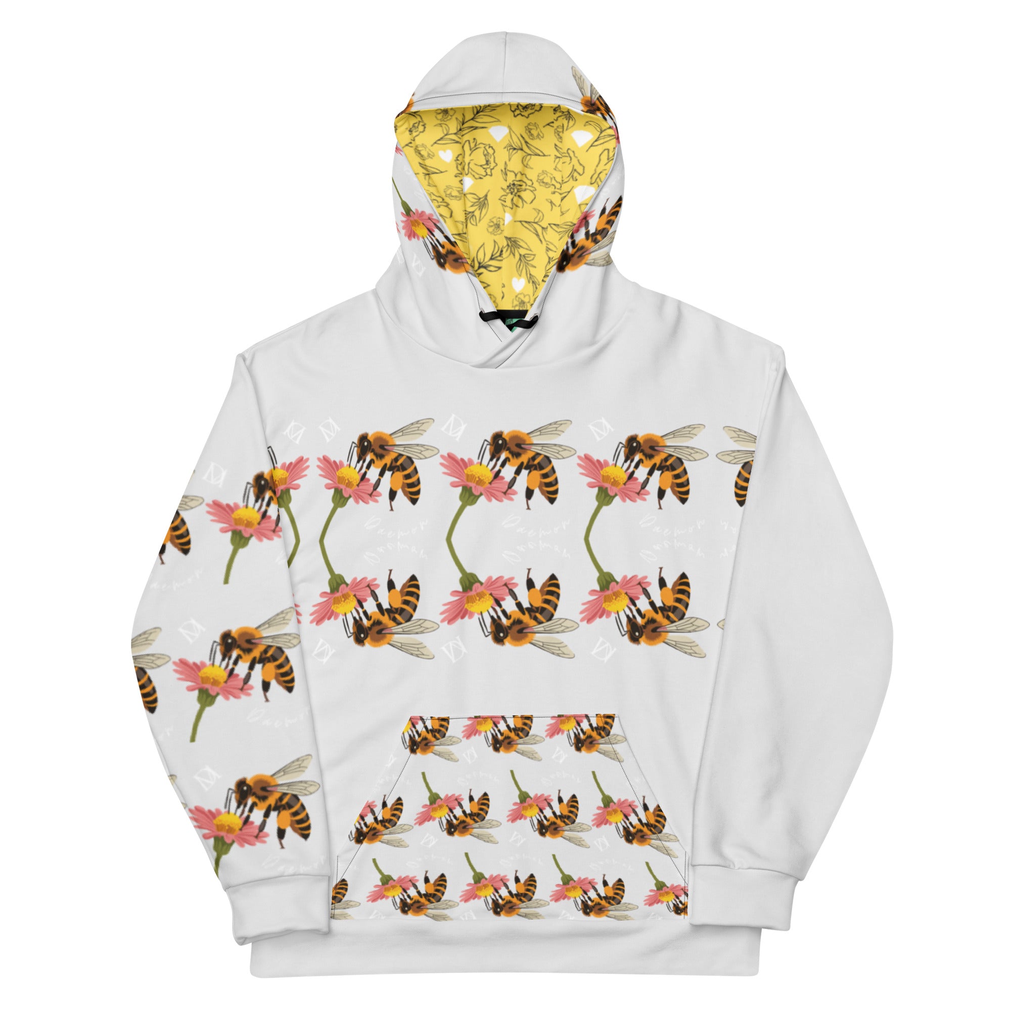 Recycled white unisex hoodie with honeybee shores sun design by Daemon Luxury, featuring all-over print and front view.