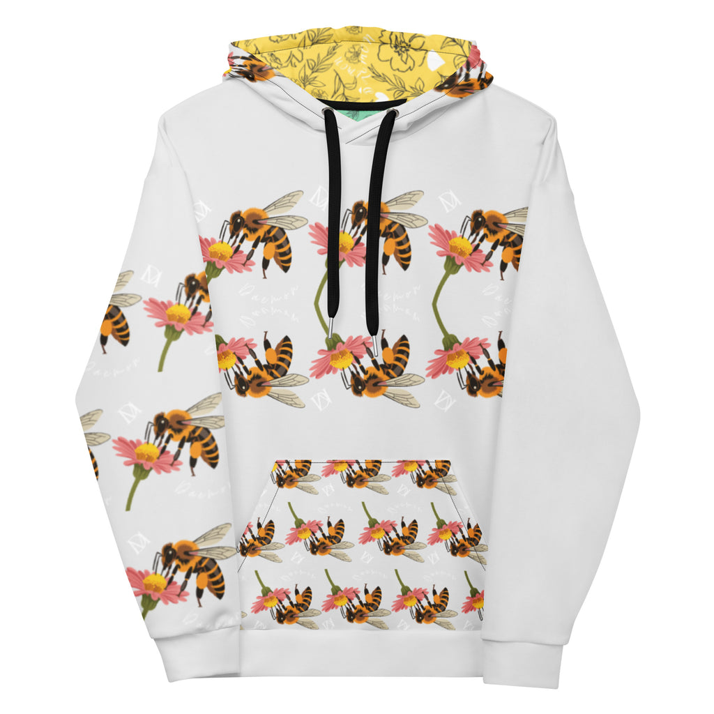 Daemon Luxury Honeybee Shores sun-enriched unisex hoodie with all-over recycled print and white fabric, front view.